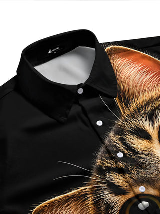 Adaychic Men's Graphic 3D Cat Print Tabby Cat Face Print Short Sleeve Shirt with Chest Pocket