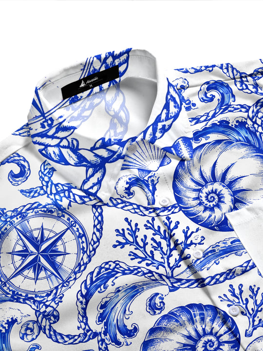 Adaychic Men's Hawaiian Nautical Waves And Seashells Print Long Sleeve Shirt with Chest Pocket