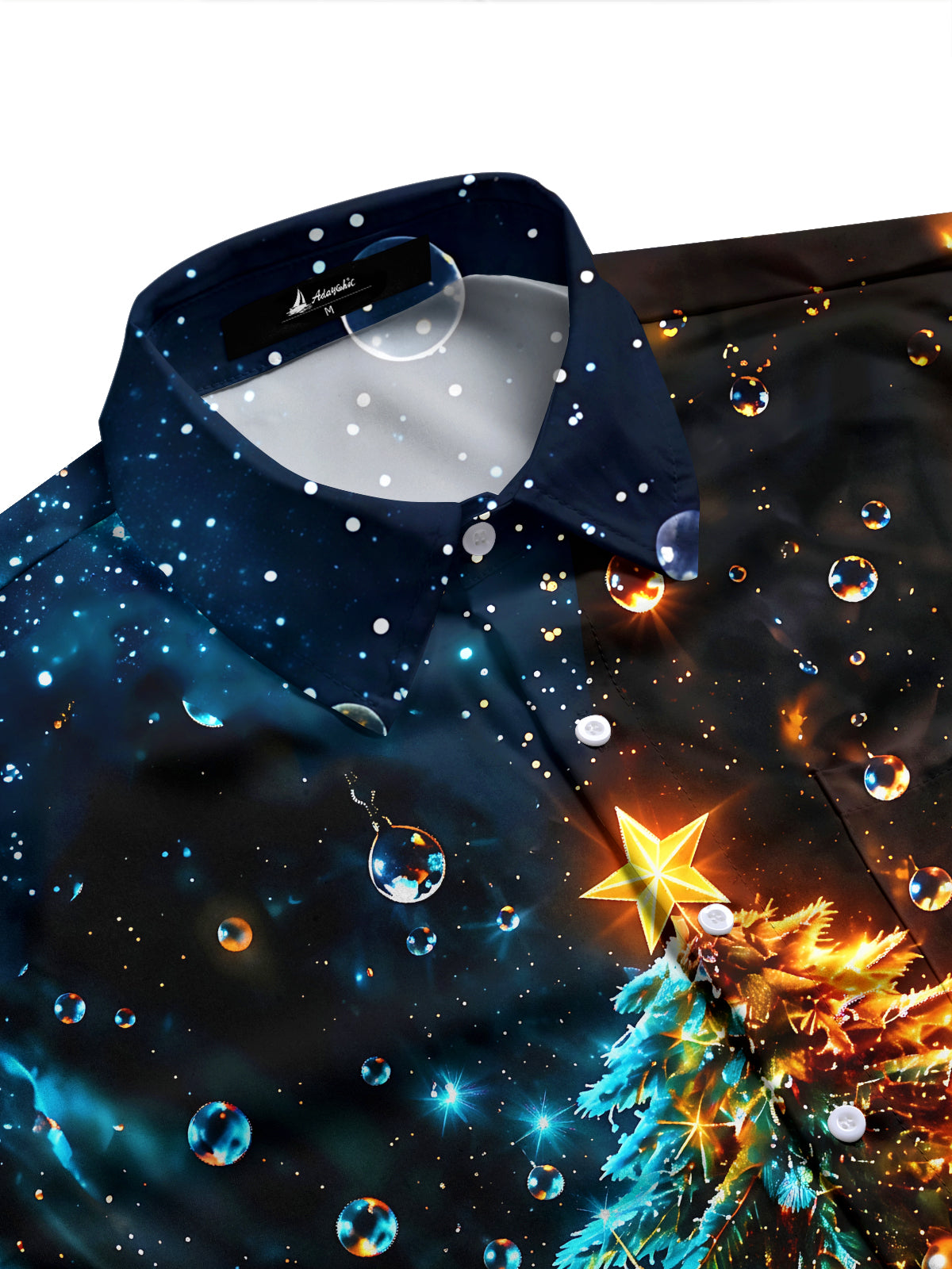 Adaychic Men's Christmas Tree With Ornaments And Star Print Long Sleeve Shirt with Chest Pocket