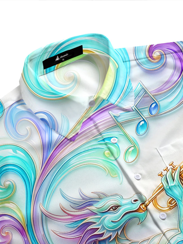 Adaychic Men's 3D Dragon Playing Trumpet Print Short Sleeve Shirt with Chest Pocket