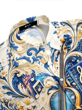 Adaychic Men's Graphic 3D Relief Violin Print Short Sleeve Shirt with Chest Pocket