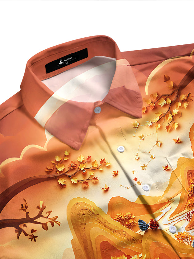 Adaychic Men's Long Sleeve Shirt - Autumn Mountain Landscape With Foxes And Trees Print with Chest Pocket