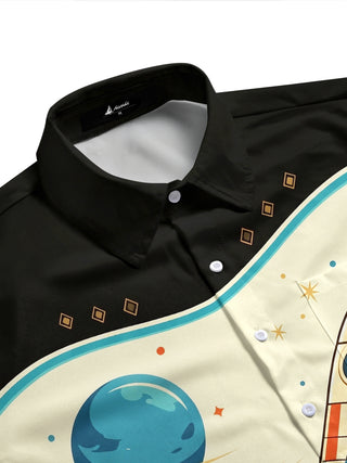 Adaychic Men's Vintage Style Retro Rocket Print Short Sleeve Shirt with Chest Pocket