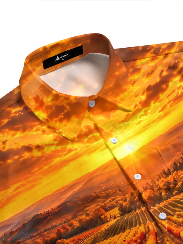Adaychic Men's Short Sleeve Shirt - Autumn Vineyard Sunset Landscape With Grapes Print with Chest Pocket