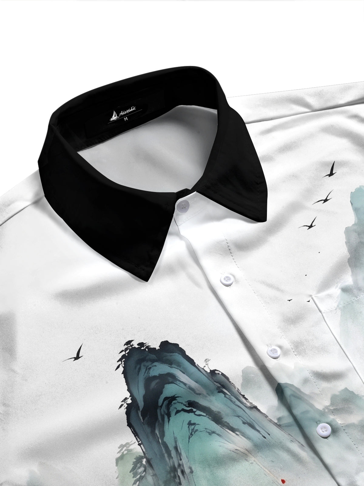 Adaychic Men's Long Sleeve Shirt - Chinese Landscape Mountains And Pine Trees Print with Chest Pocket