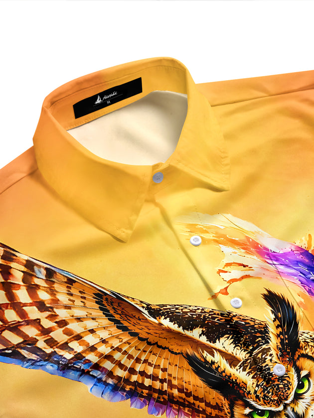 Adaychic Men's Graphic Flying Owl Print Short Sleeve Shirt with Chest Pocket
