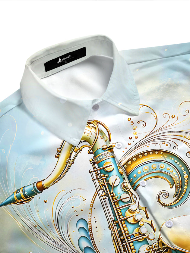 Adaychic Men's Vintage Style Saxophone Illustration Print Short Sleeve Shirt with Chest Pocket