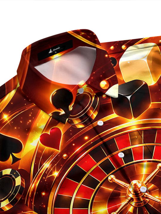 Adaychic Men's Roulette Wheel And Casino Elements Print Long Sleeve Shirt with Chest Pocket