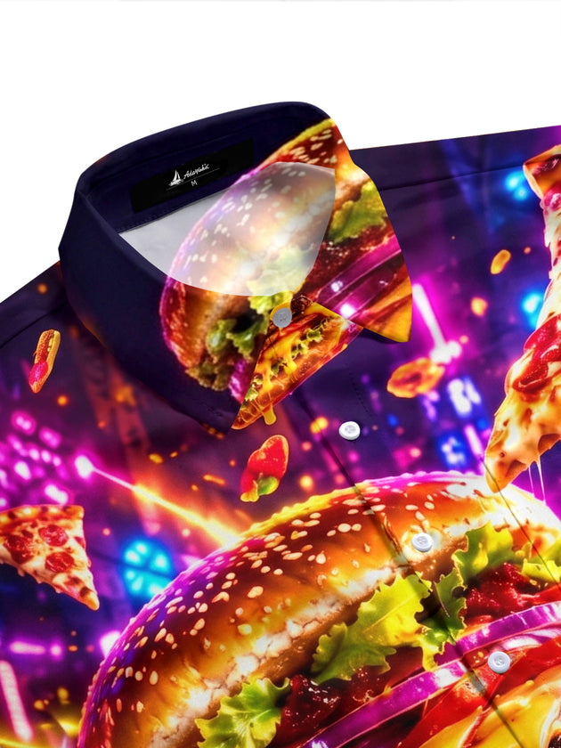 Adaychic Men's Graphic Neon Hamburger And Pizza Slices Print Short Sleeve Shirt with Chest Pocket