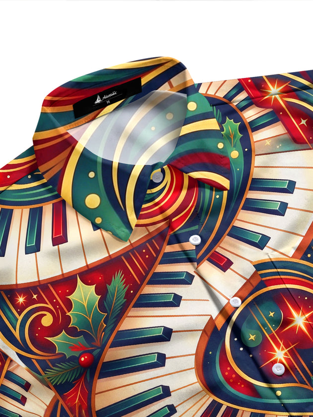 Adaychic Men's Long Sleeve Shirt - Christmas Holly And Berries Print Piano Keyboard And Musical Notes Print with Chest Pocket