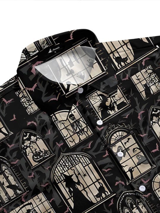 Adaychic Men's Printed Halloween Gothic Windows Print Short Sleeve Shirt with Chest Pocket