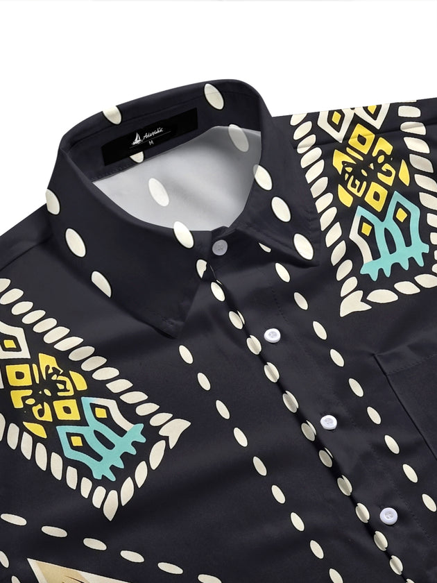Adaychic Men's Patterned Geometric Pattern Fringe Print Short Sleeve Shirt with Chest Pocket