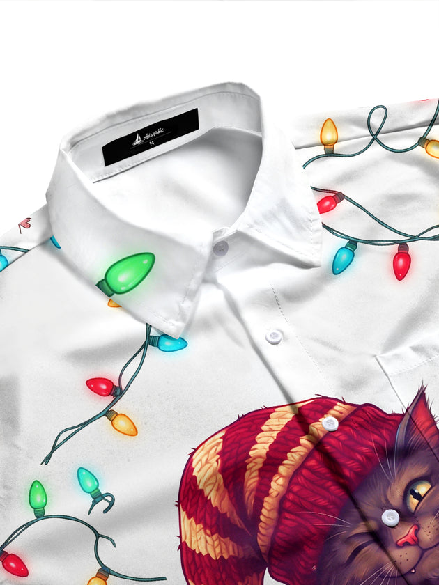Adaychic Men's Long Sleeve Shirt - Black Cat With Christmas Lights And Knit Hat Print with Chest Pocket