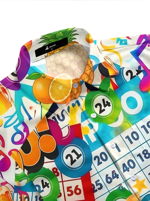 Adaychic Men's Graphic Go Bingo Game Print Short Sleeve Button Down Shirt with Chest Pocket