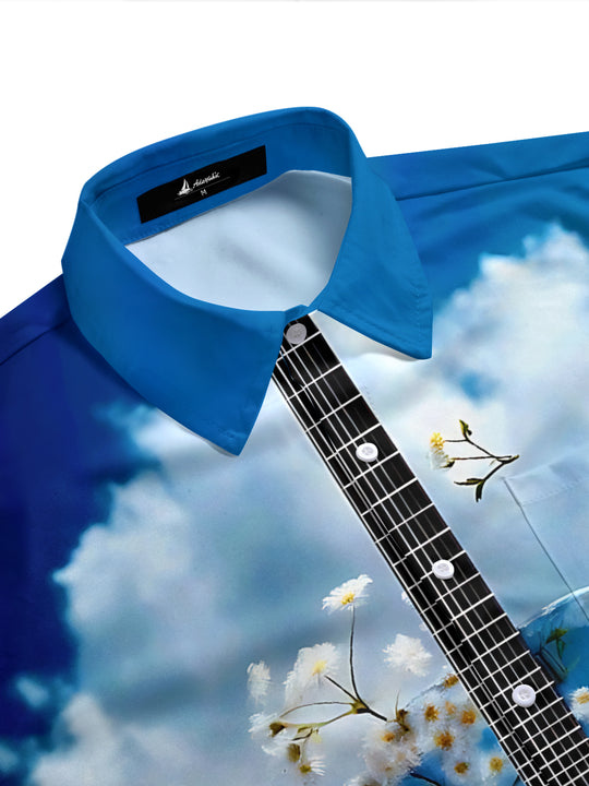Adaychic Men's Hawaiian Guitar Print Blue Sky Clouds Print Short Sleeve Shirt with Chest Pocket
