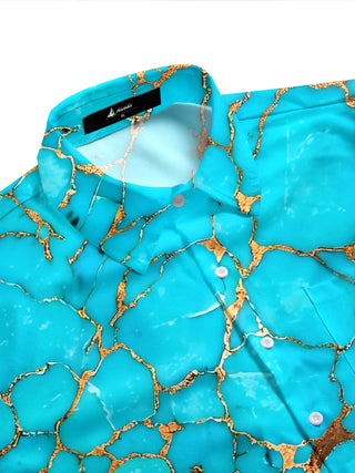 Adaychic Men's Abstract Turquoise And Gold Marble Pattern Short Sleeve Shirt with Chest Pocket