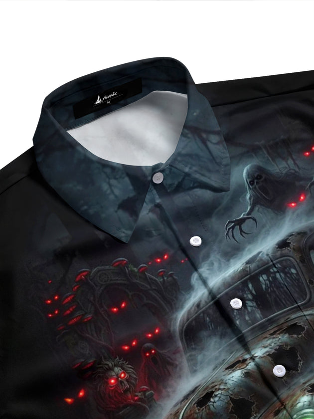 Adaychic Men's Graphic Grim Reaper Print Short Sleeve Shirt with Chest Pocket