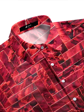 Adaychic Men's Printed Geometric Brick Pattern Long Sleeve Shirt with Chest Pocket