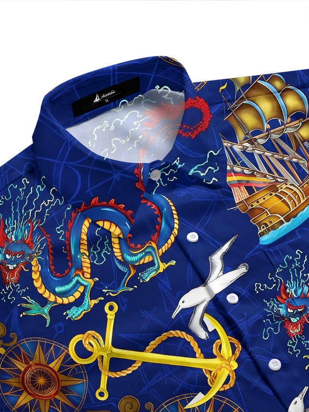 Adaychic Men's Hawaiian Nautical Dragon Print Short Sleeve Shirt with Chest Pocket
