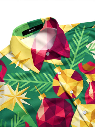 Adaychic Men's Long Sleeve Shirt - Geometric Christmas Ornaments And Pine Needles Print with Chest Pocket