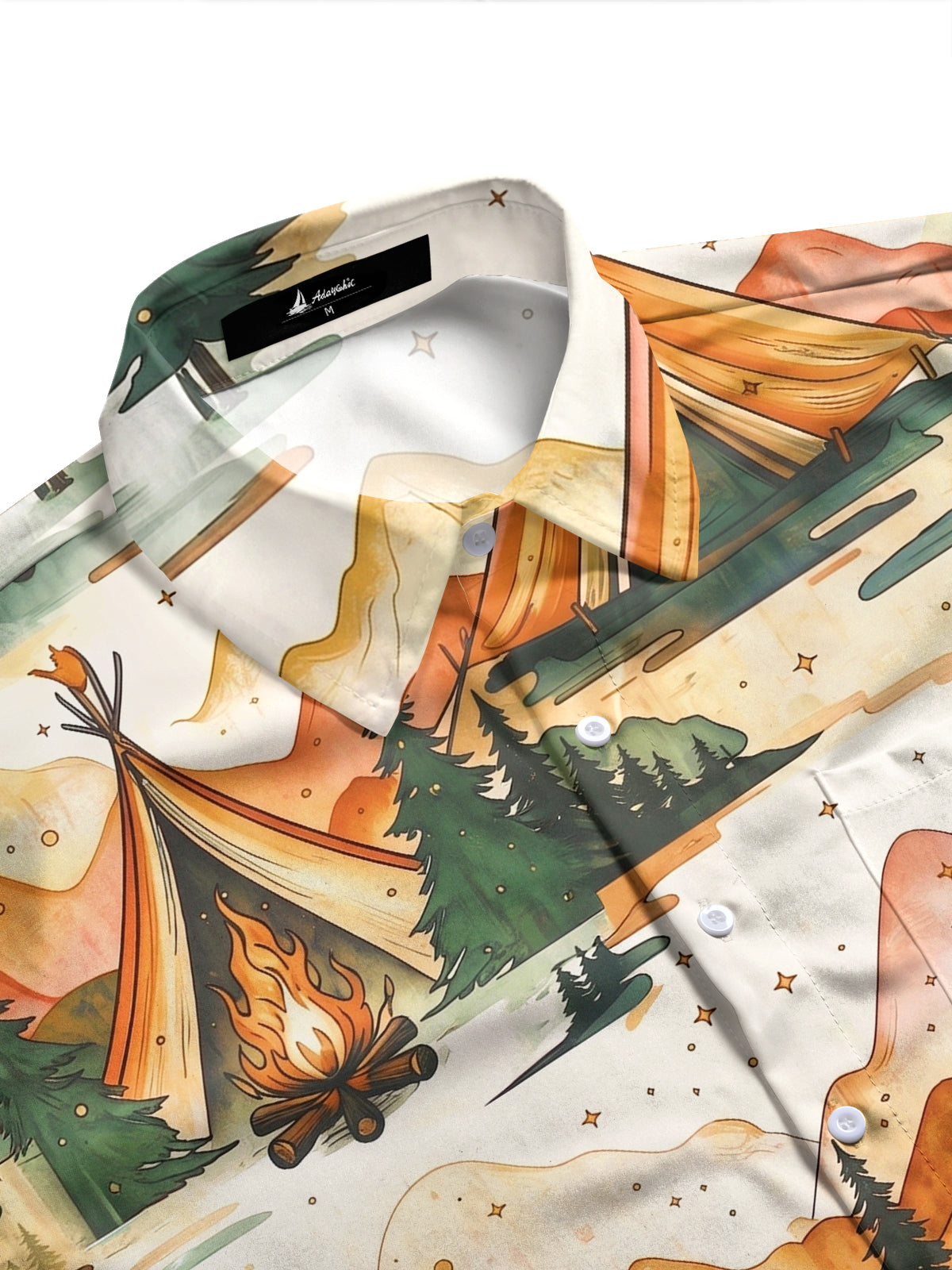Adaychic Men's Printed Mountain Camping Scene Print Long Sleeve Shirt with Chest Pocket