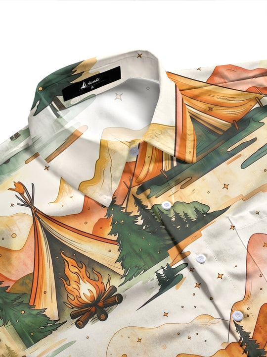 Adaychic Men's Printed Mountain Camping Scene Print Long Sleeve Shirt with Chest Pocket