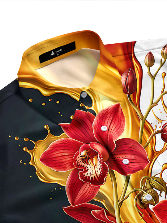 Adaychic Men's Floral Red Orchid Flowers Print Short Sleeve Shirt with Chest Pocket