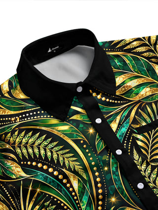 Adaychic Men's Gold And Green Palm Leaves And Ferns Print Long Sleeve Shirt with Chest Pocket