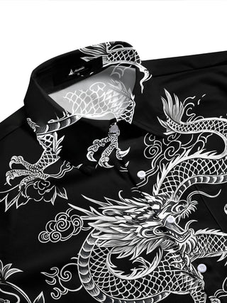 Adaychic Men's Hawaiian Chinese Dragon Print Short Sleeve Shirt with Chest Pocket