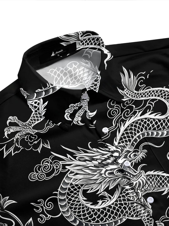 Adaychic Men's Hawaiian Chinese Dragon Print Short Sleeve Shirt with Chest Pocket
