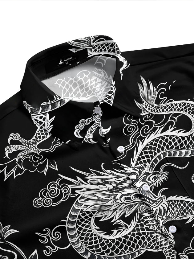 Adaychic Men's Hawaiian Chinese Dragon Print Short Sleeve Shirt with Chest Pocket