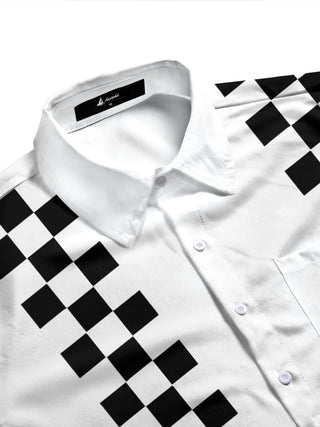 Adaychic Men's Black And White Checkerboard Stripes Print Long Sleeve Shirt with Chest Pocket