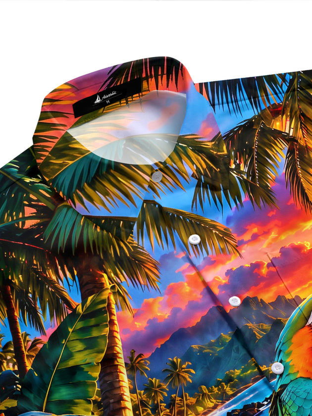 Adaychic Men's Hawaiian Parrot On Hammock Print Short Sleeve Shirt with Chest Pocket