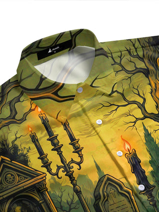 Adaychic Men's Short Sleeve Shirt - Halloween Gothic Graveyard With Candles And Tombstones Print with Chest Pocket