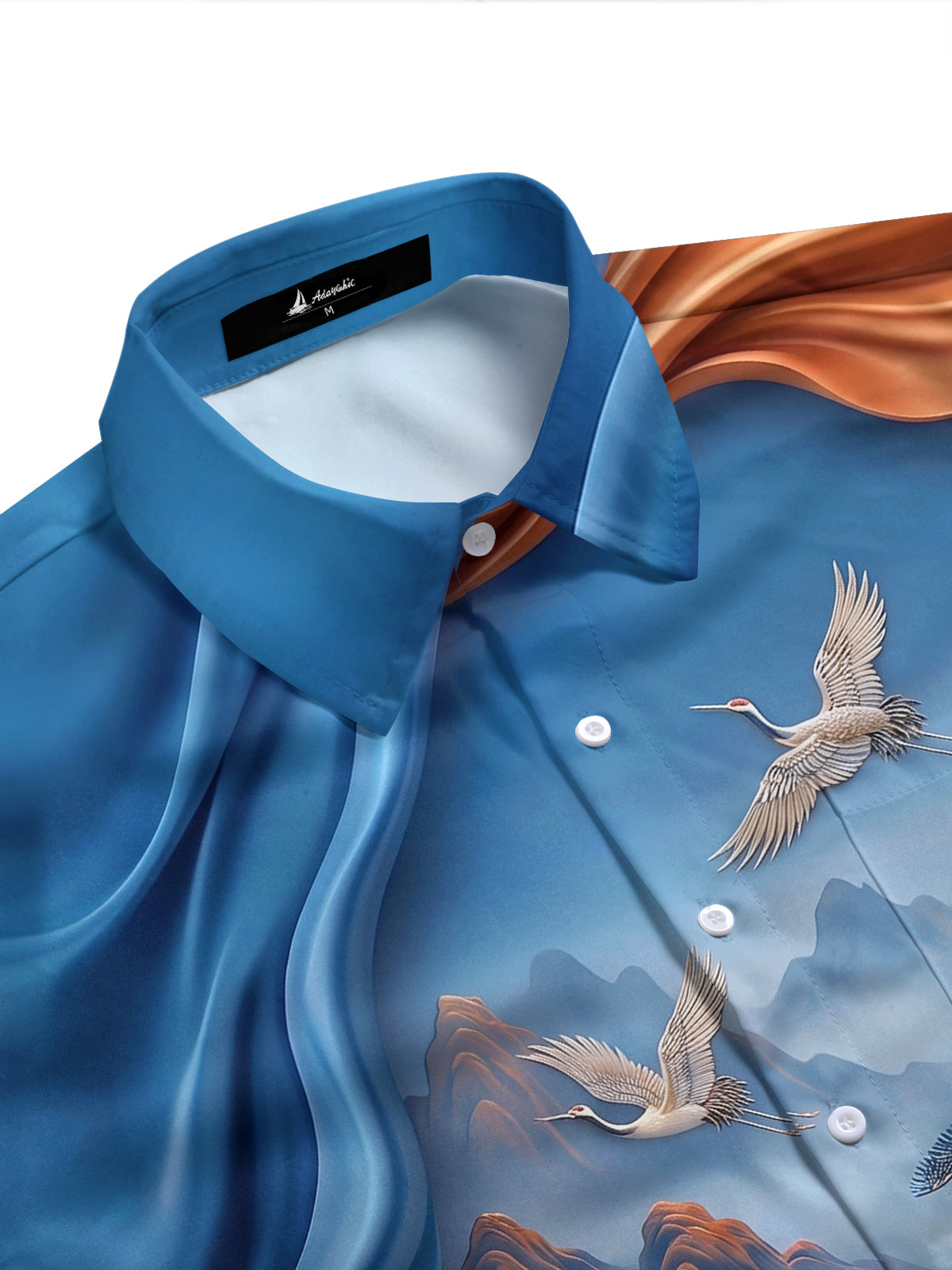 Adaychic Men's Printed Flying Cranes Print Short Sleeve Shirt with Chest Pocket