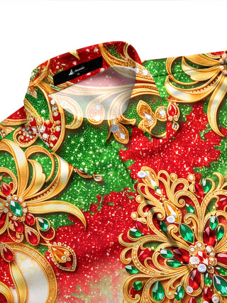 Adaychic Men's Long Sleeve Shirt - Christmas Gold Ornate Jewelry And Gemstone Mandala Print with Chest Pocket
