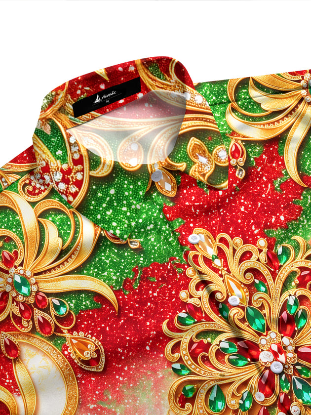 Adaychic Men's Long Sleeve Shirt - Christmas Gold Ornate Jewelry And Gemstone Mandala Print with Chest Pocket