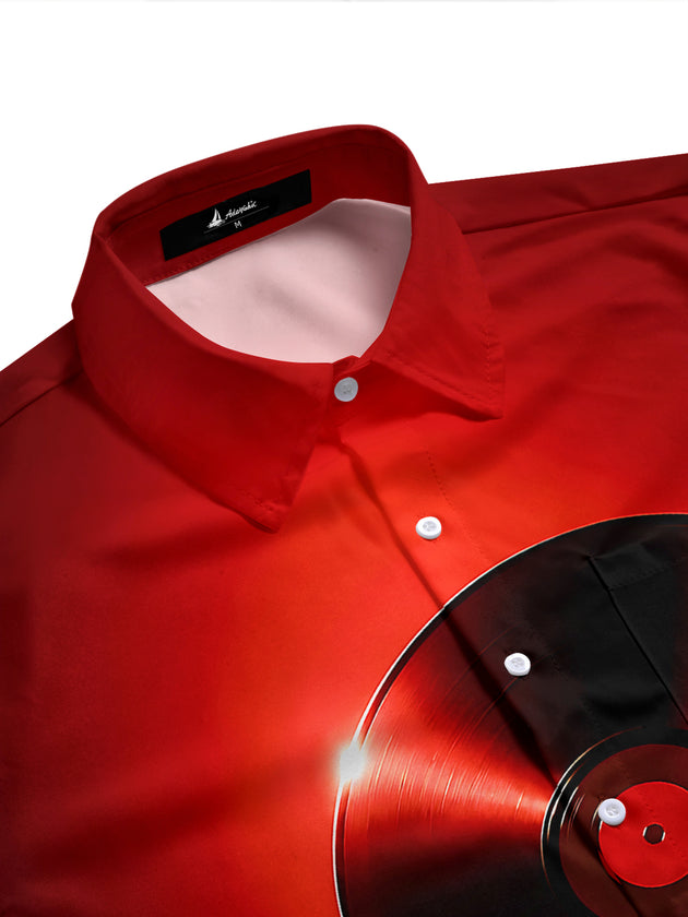 Adaychic Men's Graphic Vinyl Record Print Robot Hands Print Short Sleeve Shirt with Chest Pocket