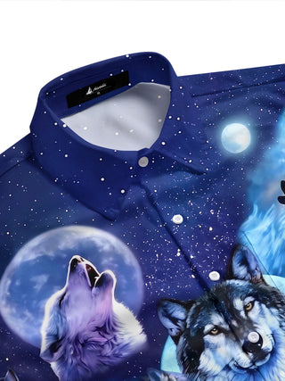 Adaychic Men's Hawaiian Howling Wolves Print Short Sleeve Shirt with Chest Pocket