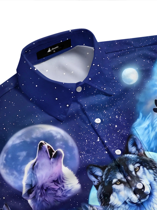 Adaychic Men's Hawaiian Howling Wolves Print Short Sleeve Shirt with Chest Pocket