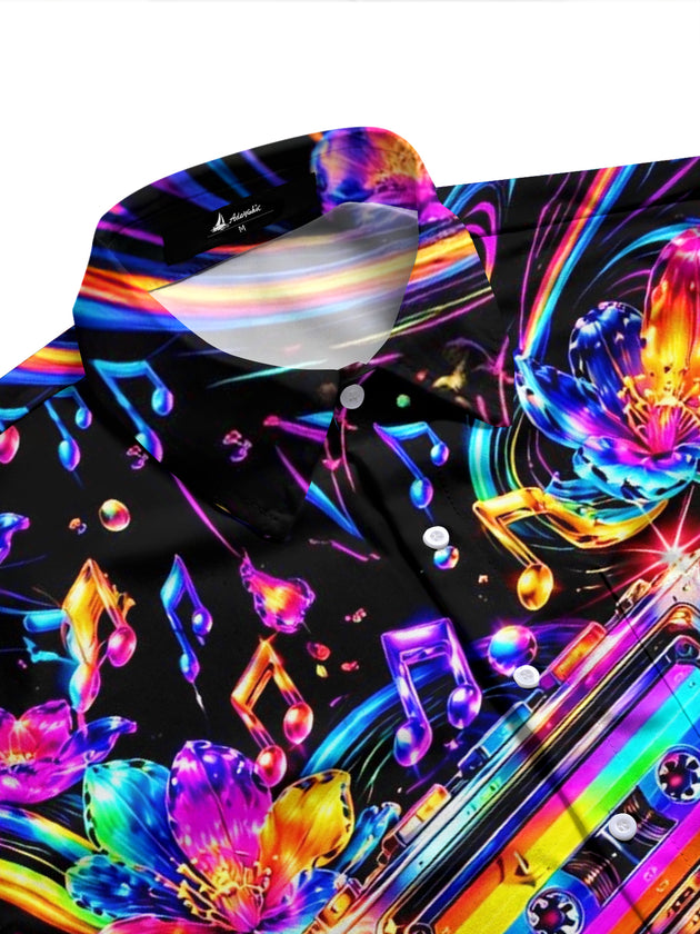 Adaychic Men's Hawaiian Neon Cassette Tape Print Long Sleeve Shirt with Chest Pocket
