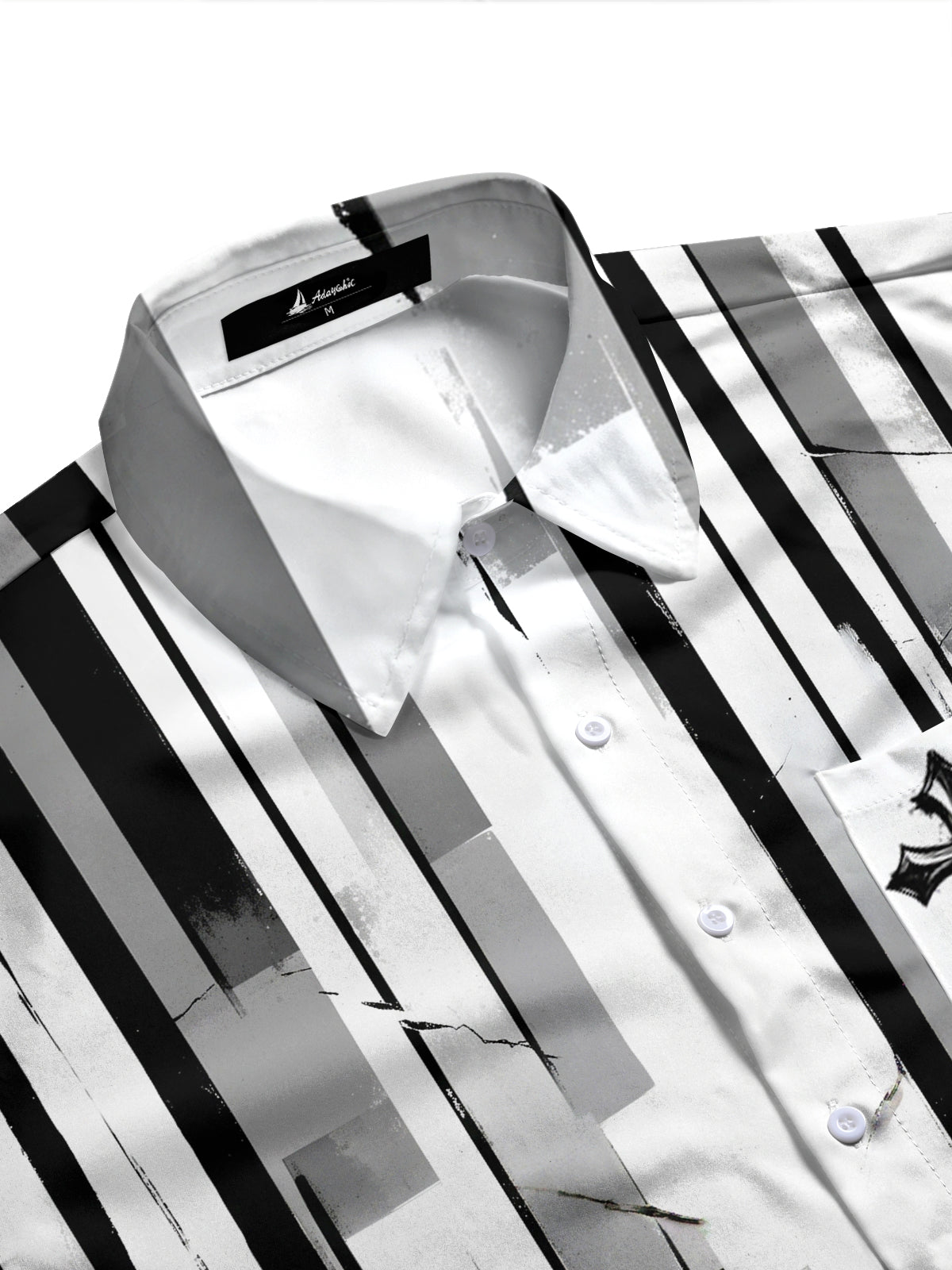 Adaychic Men's Long Sleeve Shirt - Black And White Striped Pattern With Cross Motifs with Chest Pocket