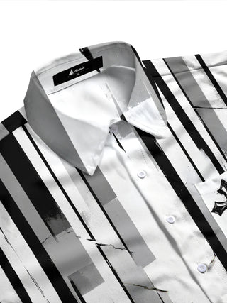 Adaychic Men's Long Sleeve Shirt - Black And White Striped Pattern With Cross Motifs with Chest Pocket