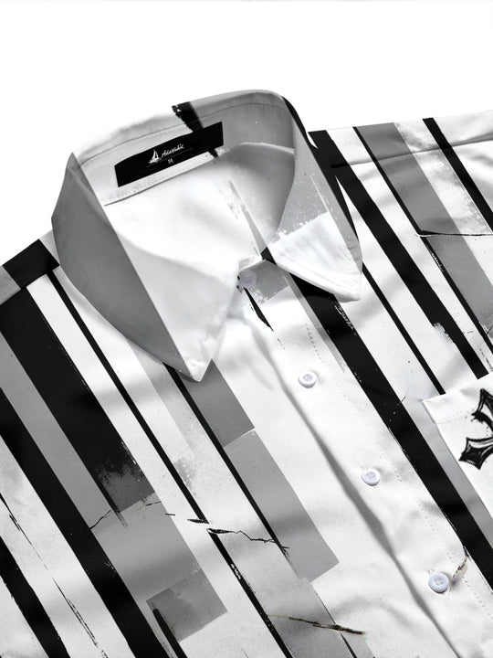 Adaychic Men's Long Sleeve Shirt - Black And White Striped Pattern With Cross Motifs with Chest Pocket