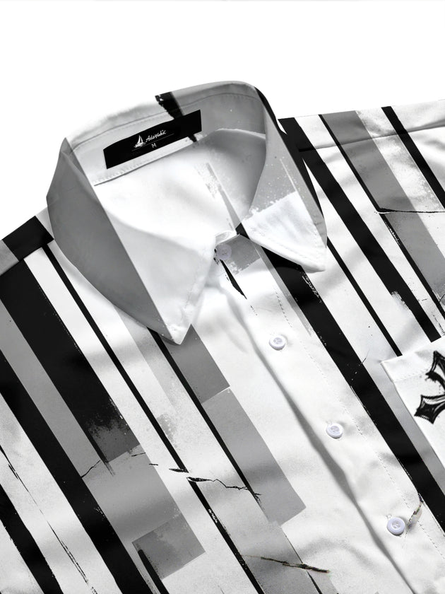 Adaychic Men's Long Sleeve Shirt - Black And White Striped Pattern With Cross Motifs with Chest Pocket