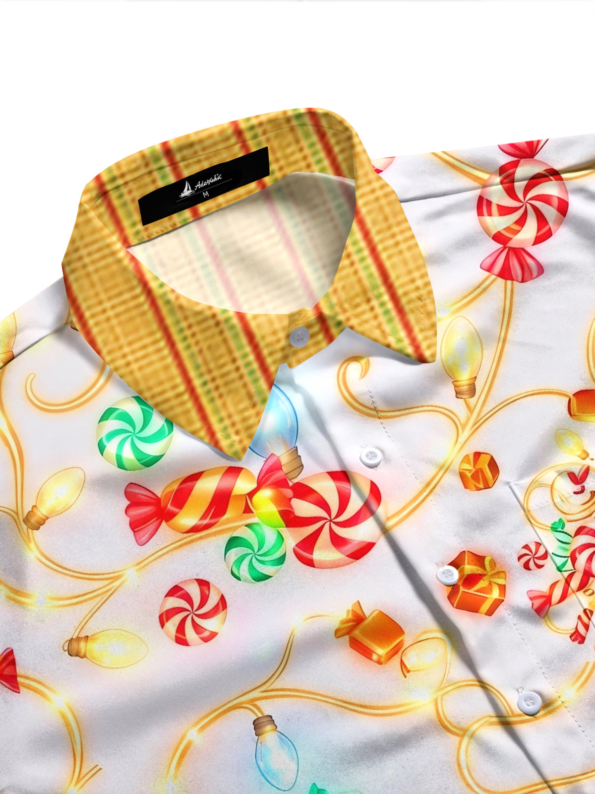 Adaychic Men's Hawaiian Christmas Lights And Candy Print Long Sleeve Shirt with Chest Pocket