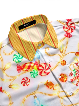 Adaychic Men's Hawaiian Christmas Lights And Candy Print Long Sleeve Shirt with Chest Pocket