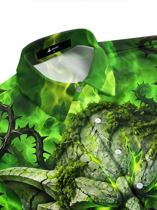 Adaychic Men's Green Demon Face With Thorny Vines Print Short Sleeve Shirt with Chest Pocket