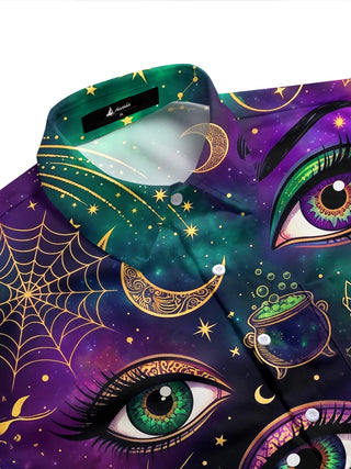 Adaychic Men's Short Sleeve Shirt - Halloween Mystical Elements Print Mystical Eyes And Starry Sky Print with Chest Pocket