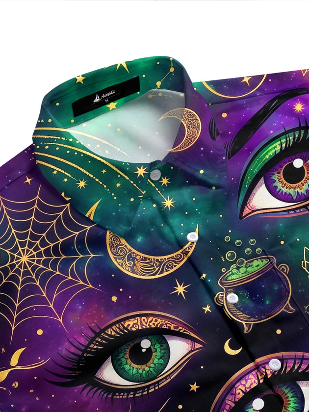 Adaychic Men's Short Sleeve Shirt - Halloween Mystical Elements Print Mystical Eyes And Starry Sky Print with Chest Pocket
